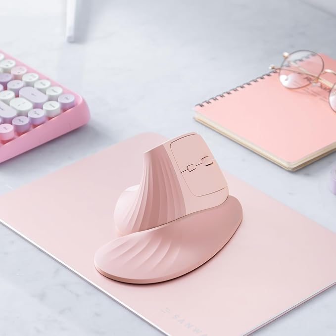 SANWA Wireless Ergonomic Mouse for Large Hands Silent Click Vertical Mice with Removable Wrist Rest 1000-4000 DPI 3-Device (2.4G + 2 Bluetooth 5.4) Compatible with Mac Windows Laptop PC Pink