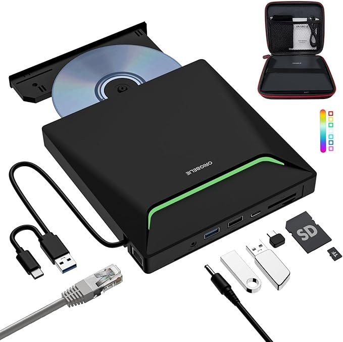 New External CD DVD Drive Cool DVD Burner USB 3.0 with Ethernet Adapter 3 USB and 2 TF/SD Card Ports CD DVD Player Reader Writer Optical Disc Drive for Laptop PC Windows Mac with Carrying Case