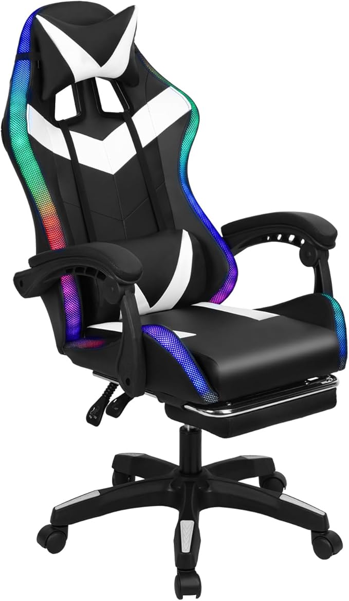 Gaming Chair with 2 Bluetooth Speakers &amp Lights Ergonomic High-Back Office Chair with Headrest &amp 135° Recline 360° Swivel Height Adjustable Faux Leather Computer Chair for Gaming Office &am