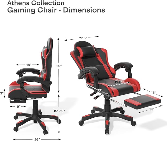 Athena Collection Ergonomic Gaming Chair with Footrest &amp Headrest Lumbar Support Height Adjustable Swivel Office Chair Reclining Game Chair Leather High Back Computer Chair for Adults Kids Red