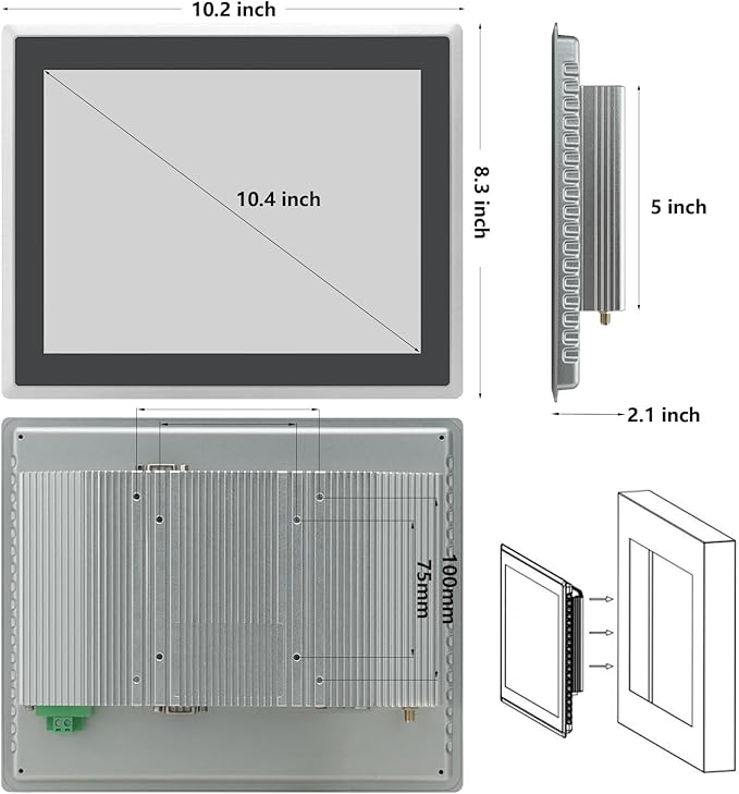 10.4 inch Capacitive Multi-Touchscreen Industrial Embedded Win-10 PC Monitor IP65 Screen with 10 Points Touch Display i5+RAM 8G+256G SSD Integrated Phoenix2pin HD-MI-Out &amp USB Ports