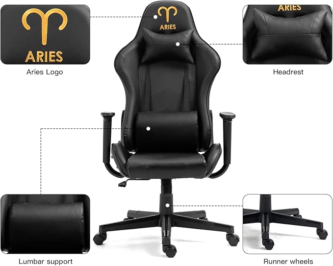 Modern-Depo Black Aries Zodiac Gaming Chair with Ergonomic Design Adjustable Swivel Recliner Load Capacity 330 lbs