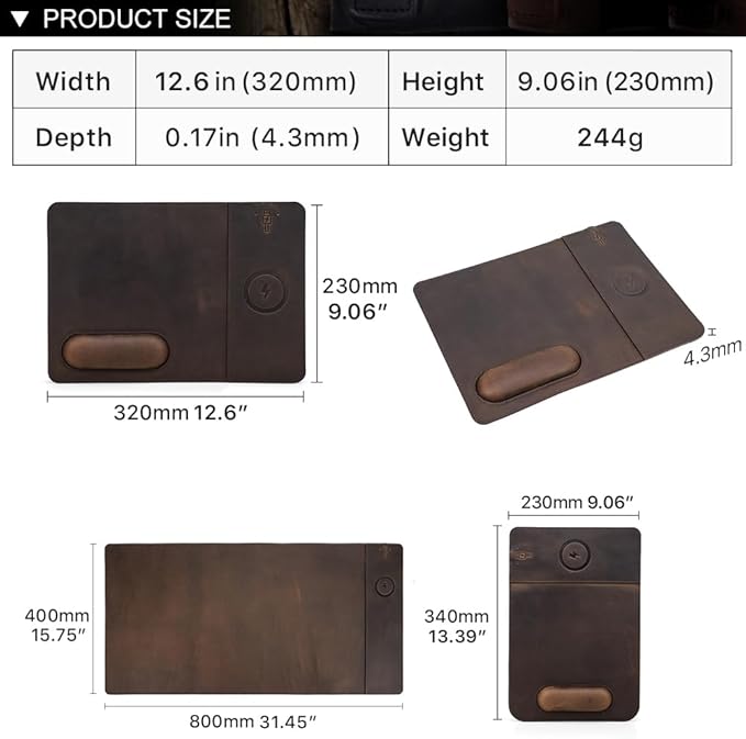 Hiram Premium Crazy Horse Leather Mouse Pad with 15W Wireless Charging - Ergonomic Wrist Rest Waterproof and High-End Cowhide Touch(12in x 9in)