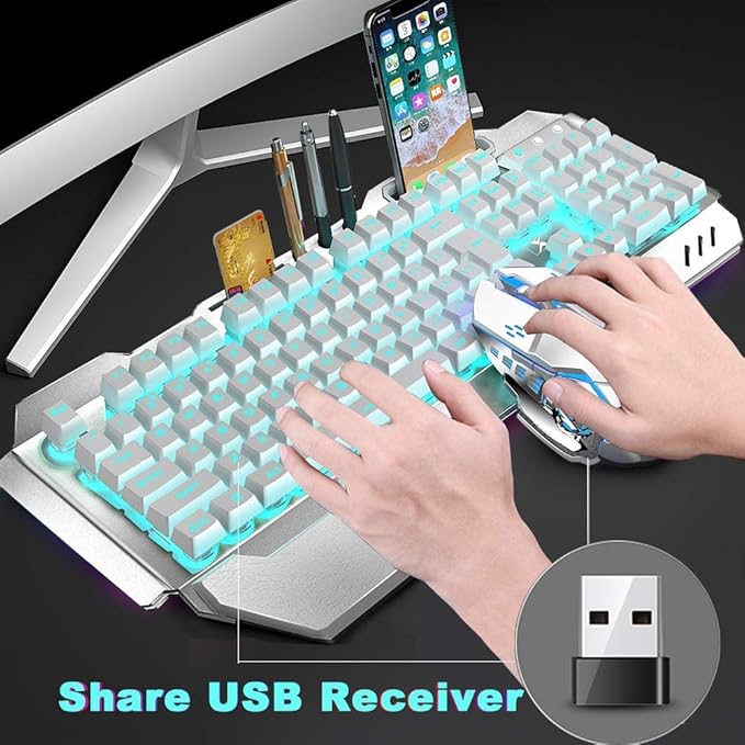 Wireless Keyboard and Mouse Blue LED Backlit Rechargeable Keyboard with 3800mAh Battery Metal Panel Removable Hand Rest Mechanical Feel 7 Color Gaming Mute Mouse for PC Gamers