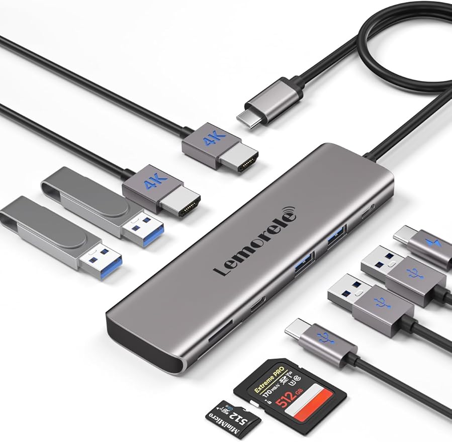 Lemorele Aluminum 10-in-1 USB C Docking Station Dual Monitor w/2 HDMI 4K 4 USB3.0/USB2.0 100W PD USB-C Data SD/TF Type-C Hub Adapter for Dell XPS 13/15 for MacBook Dell HP Lenovo Yogaetc