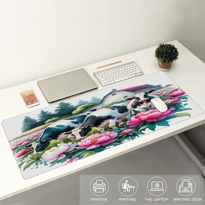 Farm Cow Pink Flower Large Mouse Pad Gaming Mousepad Desk Mat for Desktop Computer Keyboard Waterproof Mouse Mat Desk Pad with Non-Slip Base for Game School Office Home 35.4 x 15.7