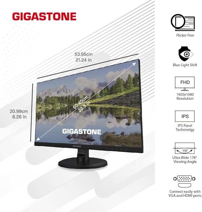 Gigastone 24 inch IPS LED Back Light Monitor 75Hz FHD 1920 x 1080 1080P 178° Wide View Frameless Computer Monitor 5ms Built-in Speakers Eye Care Technology Ergonomic Tilt VESA Mount HDMI VGA