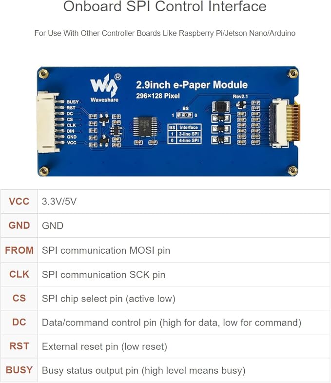 2.9inch e-Paper Display Module 296x128 Resolution 3.3V/5V Two-Color epaper Display E-Ink Screen Module SPI Interface Compatible with Raspberry Pi/Arduino/Jetson NanoSupport Partial Refresh