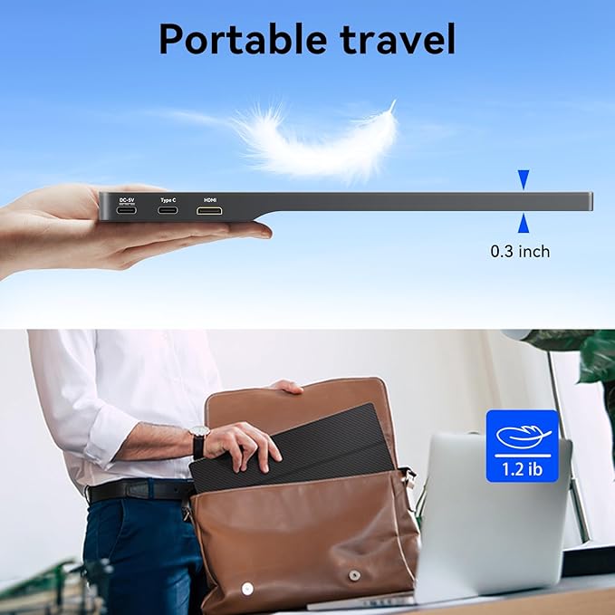 15.6 Inch Portable Monitor FHD 1080P IPS Display with USB C and HDMI Ultra Slim Travel Screen Extender for Laptop and Gaming