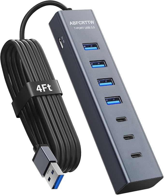 4Ft 7-Port USB Hub 3.0 for Desktop 4 USB-A &amp 3 USB-C Ports Aluminium 5Gbps USB Extender Hub USB Splitter USB Hub Long Cable for Desktop PC Flash Drive Mobile HDD SSD Windows/XPS