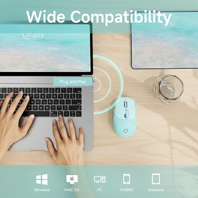 EWEADN Q5 Wireless Mouse Bluetooth &amp 2.4G Quiet Computer Mouses with Battery Level Display 1600 DPI Ergonomic Office Mouse 6 Button Portable Cute Computer Mouse for Laptop/PC/Mac - Blue