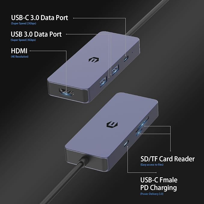 USB C Hub 7 Ports USB 3.0 Hub with 5Gbps Data Transfer USB C to HDMI with HDMI USB C 3.0/2.0 SD/TF PD 100W Compatible with Type C MacBook Mac Pro iMac