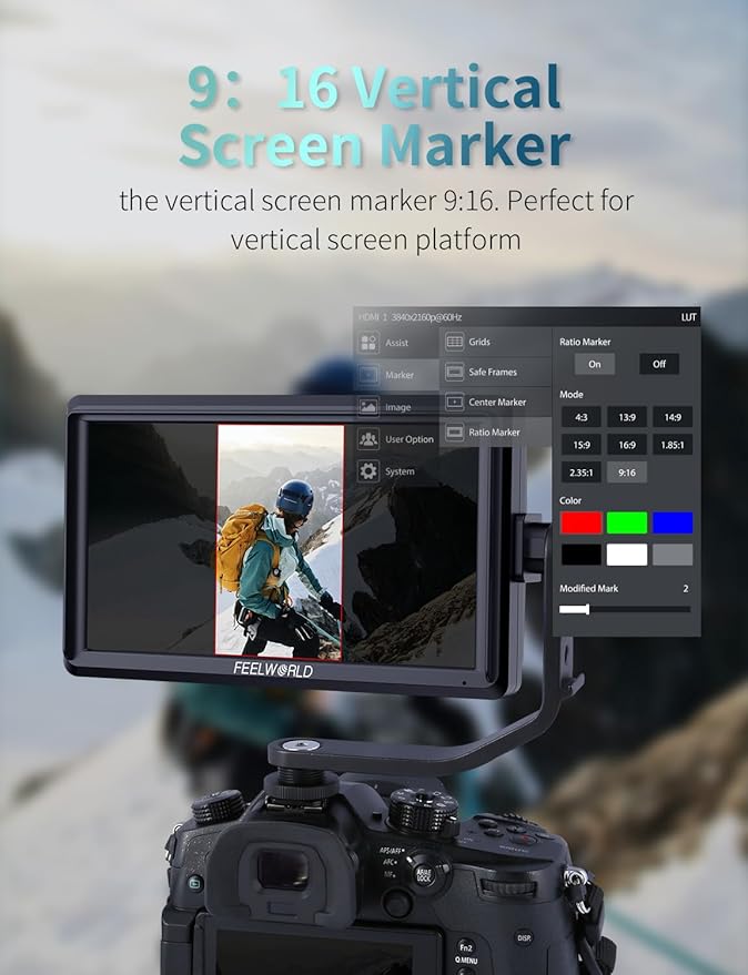 FEELWORLD S55E 5.5 inch DSLR Field Monitor 3D LUT Compact Full HD 1920x1152 IPS Video Assist Peaking Focus with 4K60Hz HDMI 8.4V DC Inputs/Outputs Includes F550 4400mAh BatteryTilt ArmSunshade