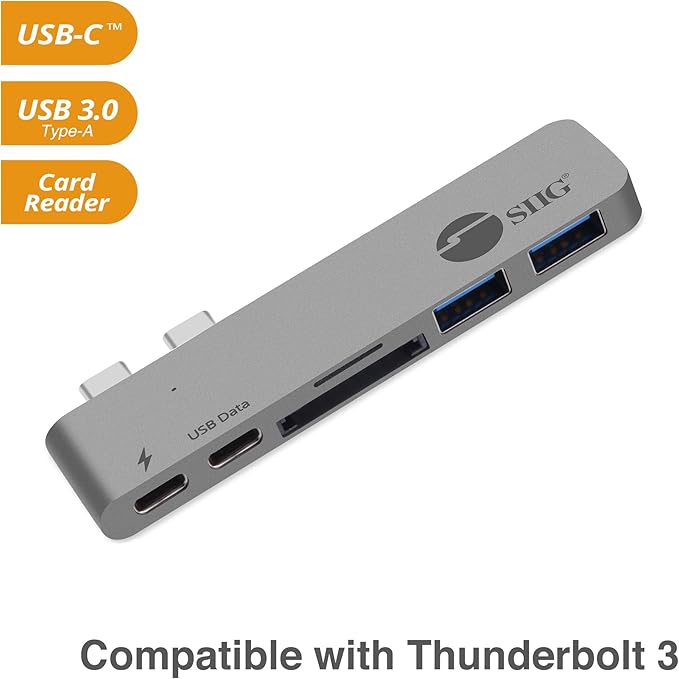 SIIG Thunderbolt 3 USB Type C Hub Adapter for 13 or 15 MacBook Pro - 5k Video Resolution 40Gbps Data Speed - USB C Data Port 2 USB 3.1 SD/Micro SD Card Reader Slot - Space Gray