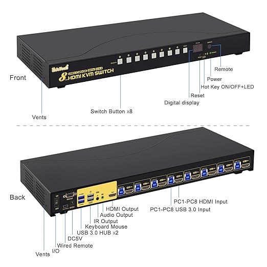 JideTech 8-Port HDMI KVM Switch 4K@60Hz with USB 3.0 Hub Audio Support Keyboard &amp Mouse Hotkey Remote Control Rack Mount 1U for Windows/Mac/Linux