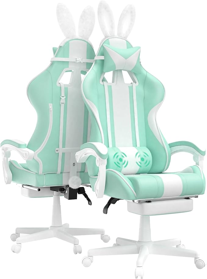 Ferghana Kawaii Light Green Gaming Chair with Bunny Ears Ergonomic Cute Gamer Chair with Footrest and Massage Racing Reclining Leather Computer Game Chair 250lbs for Girls Adults Teens Kids