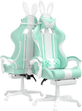 Ferghana Kawaii Light Green Gaming Chair with Bunny Ears Ergonomic Cute Gamer Chair with Footrest and Massage Racing Reclining Leather Computer Game Chair 250lbs for Girls Adults Teens Kids
