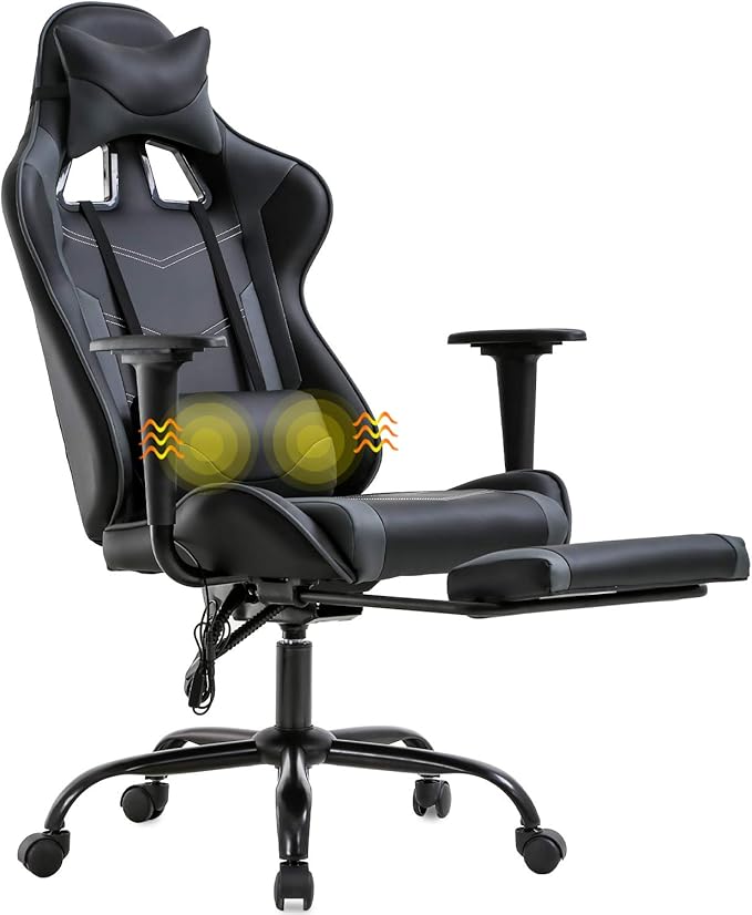 Ergonomic Gaming Chair for Adults Adjustable High-Back Computer Desk Chair with Lumbar Support and Footrest Leather Office Chair for Gaming Big and Tall Comfy Gamer Chair(Grey)