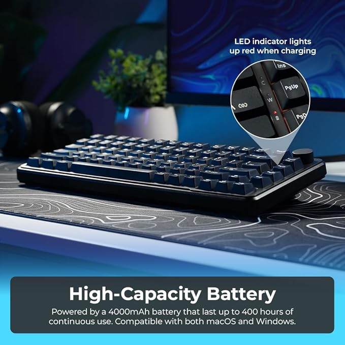 TECWARE Ghost 75% Wireless Mechanical Keyboard | RGB Gaming Keyboard with Volume Knob | Tri-Mode 2.4GHz/Bluetooth/USB-C | Gasket Mounted | Hot Swappable Pre-Lubed Linear Switches | 4000mAh | Black