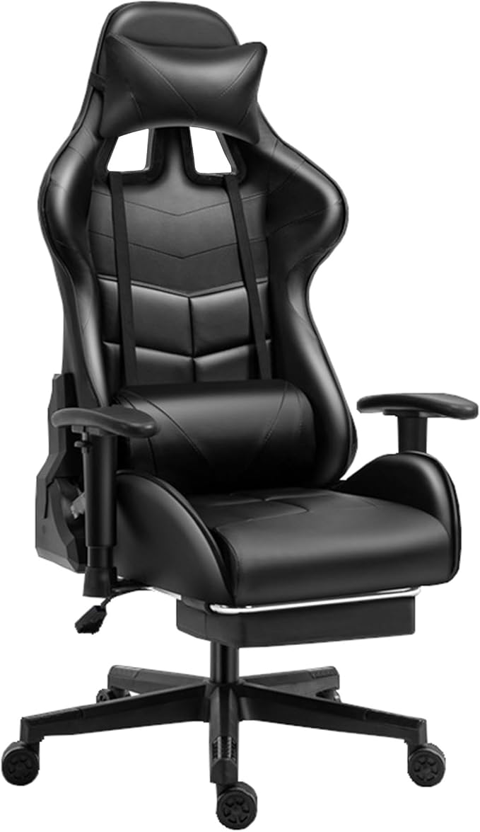 Ergonomic Gaming Chair with Footrest and Lumbar Support Pu Leather High Back Video Game Chairs Height Adjustable Computer Chairs with HeadrestBlackHeight 128138CM
