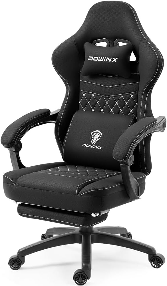 Dowinx Gaming Chair Breathable Fabric Game Chair with Gel Pad and Storage Bag Comfortable Gamer Chair with Pocket Spring Cushion Ergonomic Computer Chair with Footrest Black