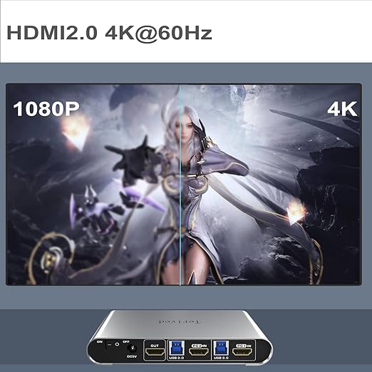 2 Port HDMI USB 3.0 KVM Switch with Aluminum Alloy Shell and Digital DisplayAudio/Microphone 4K@60HzhotkeyAuto EDID HDR10 with Cables