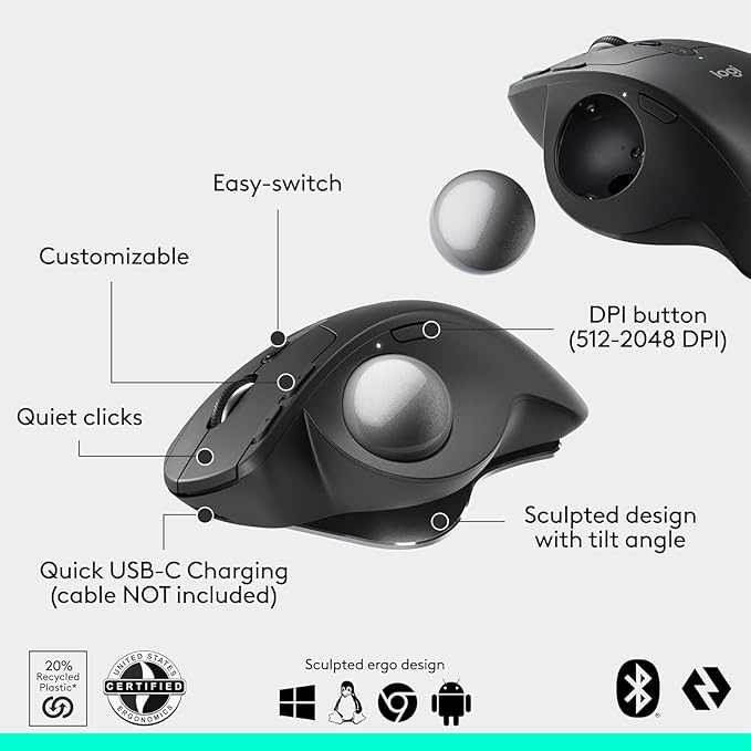 Logitech MX Ergo S Wireless Trackball Mouse 2.4 dpi Laser Sensor 6 Programmable Buttons 4-Way Scroll Wheel for PC/MAC Bundle with Mouse Pad (Black) + Microfiber Cleaning Cloth