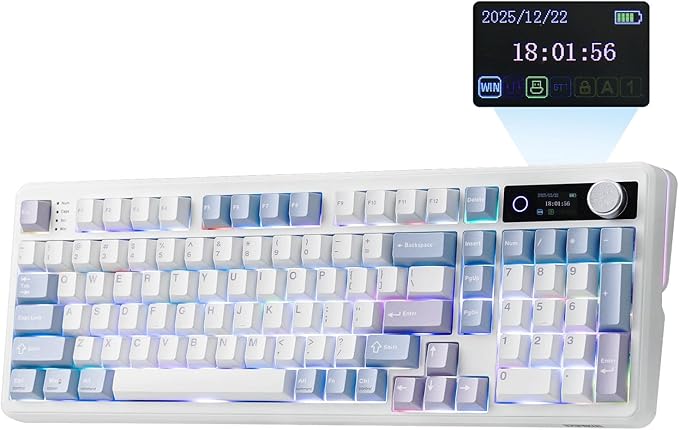 EPOMAKER TH99 PRO 96% Mechanical Keyboard with Screen &amp Knob 10000mAh 2.4Ghz/BT Hot Swap Custom Driver RGB Backlight PBT Keycap Wireless Gaming Keyboard for PC/Mac (Blue&ampWhite Sea Salt