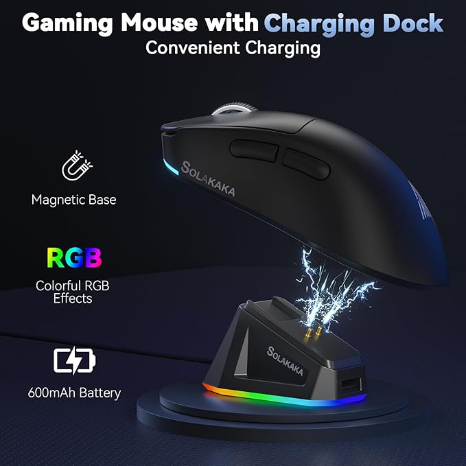 SOLAKAKA SM822 Wireless Gaming Mouse with RGB Charging Dock Tri-Mode Wireless Mouse PAW3311 Optical Sensor Up to 24000DPI 62g Lightweight Mouse with 5 programmable Buttons for PC Laptop (Black)
