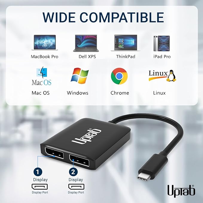 uptab USB C to Dual DisplayPort Adapter Hub Extended Dual 4K 60Hz Display Port Multi Monitors Converter for Dell XPS 13 15 Lenovo Yoga Sumsung HP Chromebook etc