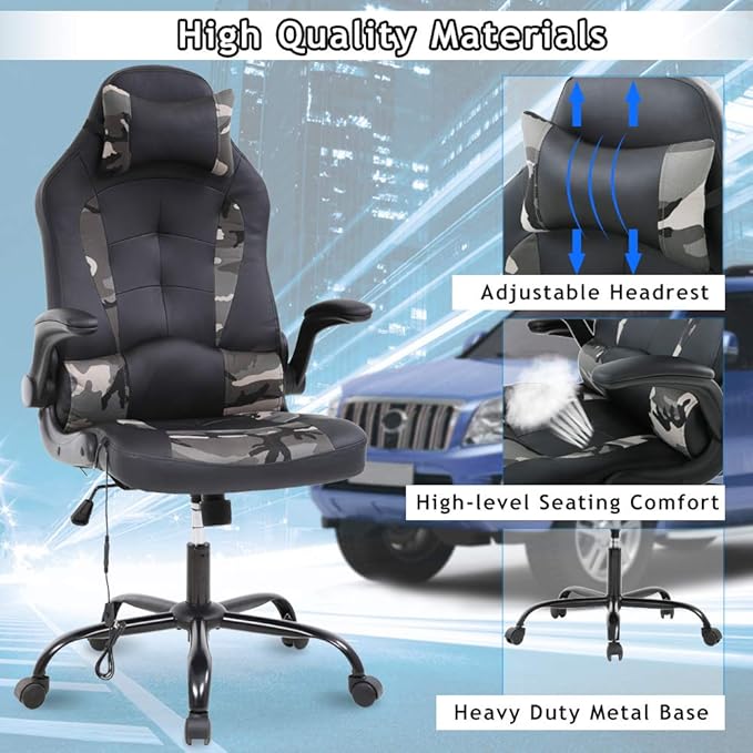 Massage Gaming Chair Ergonomic Office Chair High Back Desk Chair PU Leather Executive Chair with Lumbar Support Headrest Armrest PC Racing Computer Chair Task Rolling Swivel Chair Camo