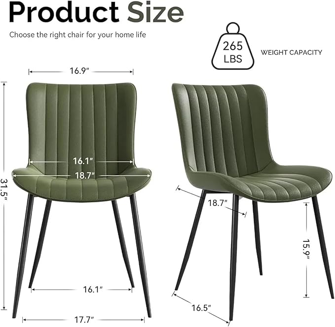 Adjustable Office Computer Chair with Armrest 2pcs Green Durability Leather Upholstered Dining Chairs with Metal Frame