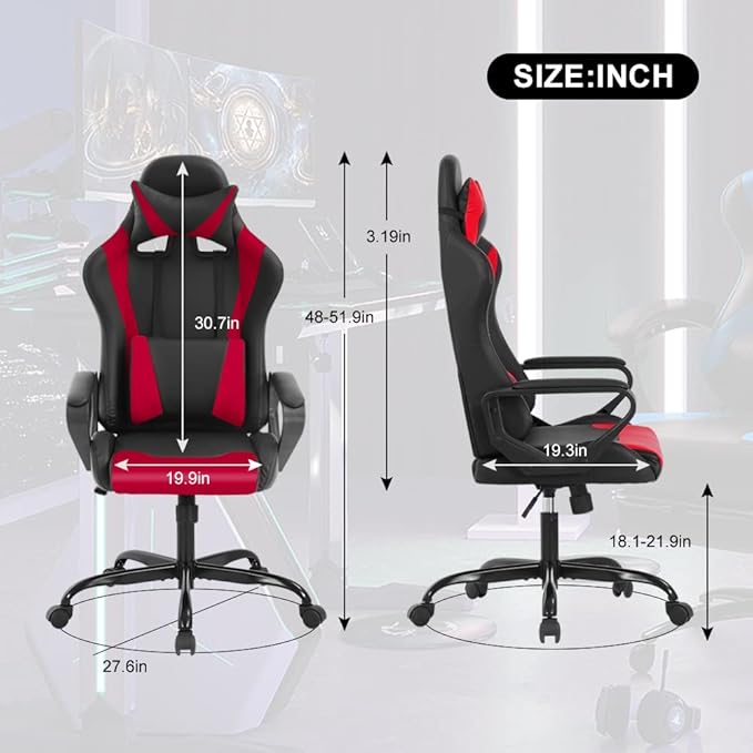 Ergonomic Gaming Chair High Back PU Leather Office Chair with Adjustable Lumbar Support &amp Headrest – Swivel Computer Desk Chair for Adults Teens Kids – Heavy Duty Executive Red Game Chair-Red