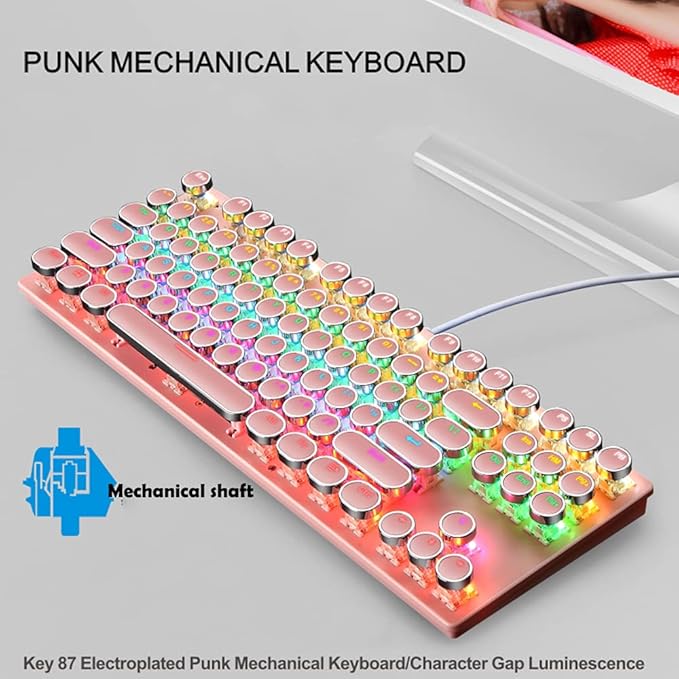 Mechanical Gaming Pink Keyboard87 Key Retro Punk Typewriter-StyleBlue Switch RGB Backlit KeyboardAnti-Ghosting USB Wired for PC Laptop Desktop Computer for Game and Office