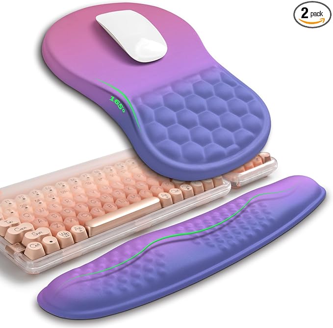 Hokafenle 2in1 Combination Wave Keyboard Wrist Rest and Ergonomic Curvature Mouse Pad Wrist Support for Relieve Wrist Pain Filled with Soft Cushion Memory Foam Gradient Blue Purple