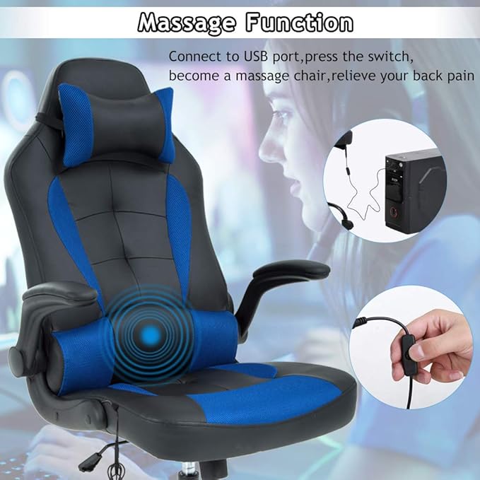 Massage Gaming Chair Ergonomic Office Chair High Back Desk Chair PU Leather Executive Chair with Lumbar Support Headrest Armrest PC Racing Computer Chair Task Rolling Swivel Chair Blue