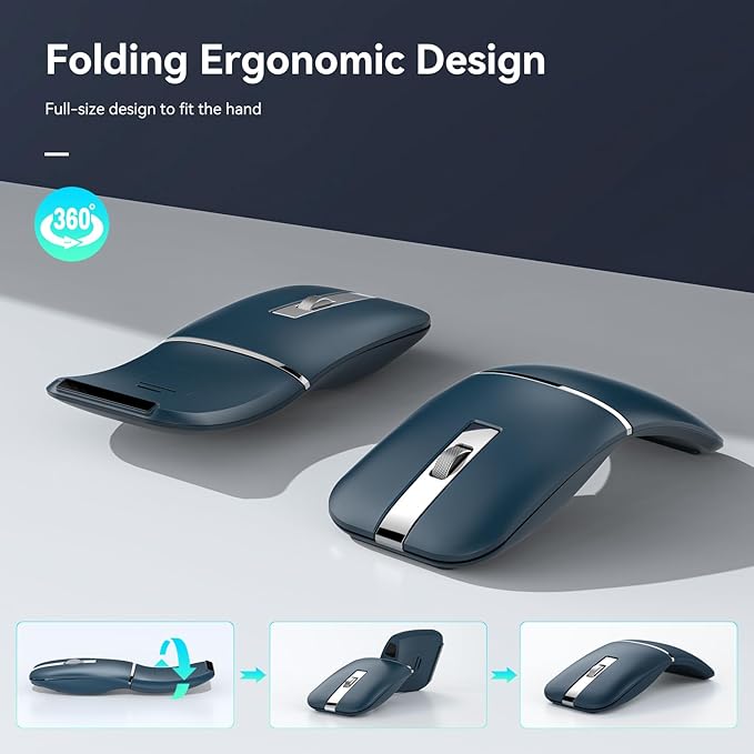 Bluetooth Wireless Arc Travel Mouse Dual Model (2.4G+BT5.1) Rotating Foldable Mouse for Microsoft Rechargeable Slim Portable Mice for Laptop Notebook PC MacBook Chromebook - Sapphire Blue