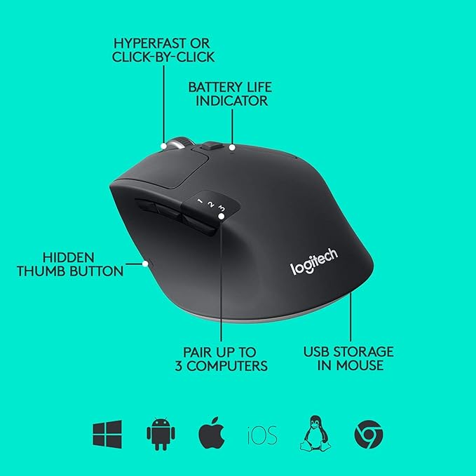 Logitech M720 Triathlon Bluetooth Wireless Optical Mouse with Unifying Receiver (Renewed)