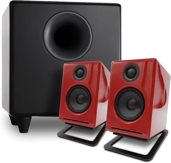 Audioengine A2 Red Computer Speakers with S8 Black Subwoofer and DS1M Metal Stands