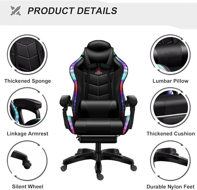 RGB Gaming Chair with Massage and Footrest Ergonomic Big and Tall Office Chair Computer Chair Video Game Chair with Speakers High Back Recliner Swivel Chair with Lumbar PillowWhite