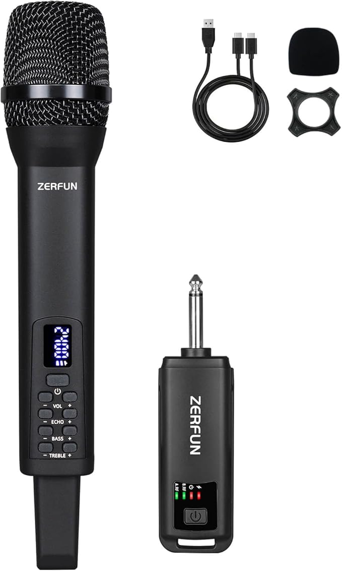 Rechargeable Wireless Microphone Pro Handheld Cordless Mic System with Echo Treble BASS VOL Control for Karaoke Singing Church Party 1/4'' Output Black