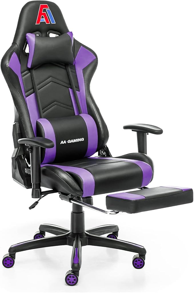 AA Products High Back Ergonomic Gaming Chair with Footrest Lumbar Support Swivel Adjustable for Gamers - Black/Purple