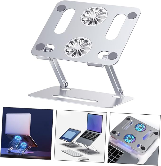 Homoyoyo Aluminum Alloy Laptop Cooler Stand with Dual Fans Adjustable Height Foldable Ventilated Support USB Cooling Pad for Gaming and Office Laptops Silver