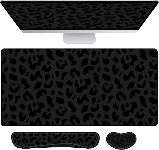 3Pcs Large Gaming Mouse Pad Desk MatKeyboard Mouse Wrist Rest Support SetExtended Laptop Mouse Pad Memory Foam Non-Slip Base for Gamer Home Office(31.5x15.7in)-Black Leopard Cheetah