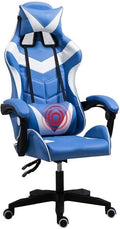 Ergonomic E-Sports Gaming Chair with Massage Lumbar Support Adjustable Height Retractable Footrest USB Massage Pillow(Blue White)