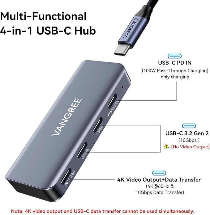 4-Port USB C Hub with 4K@60Hz Displayport 3 USBC 3.2 10Gbps Ports 100W Power Delivery Detachable Cable USB C Splitter Multiport Adapter for MacBook Pro/Air iPad iPhone 15 Portable Monitor