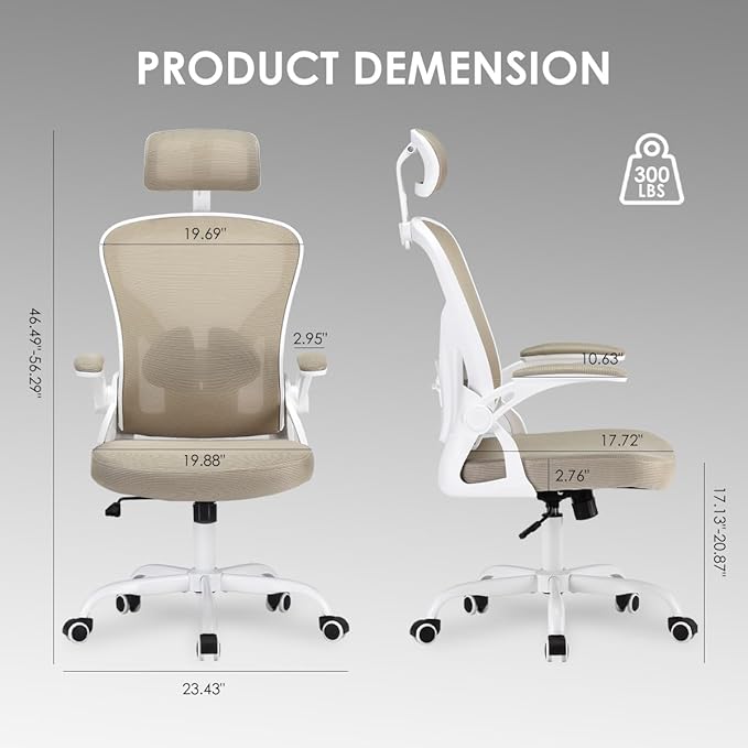 Ergonomic Mesh Office Chair with Flip-Up Armrests &amp Lumbar Support - Adjustable Swivel Desk Chair for Home Office and Gaming 350 lbs Capacity (Khaki Model E)