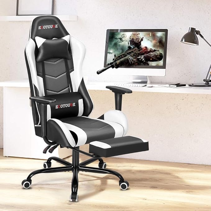ECOTOUGE PC Massage Gaming Chair with Footrest Ergonomic Office Desk Chair Racing PU Leather Recliner Swivel Rocker with Headrest and Lumbar PillowWhite