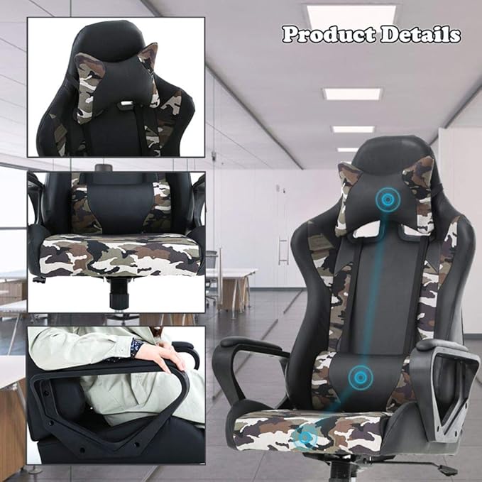 Ergonomic High-Back Racing Ergonomic PC &amp Racing Game Chair Soft Padded Pu Leather Highly Comfortable 300 Lb Gaming Chair Adjustable Height Professional Oversize Dimension Cushion Included Camouf