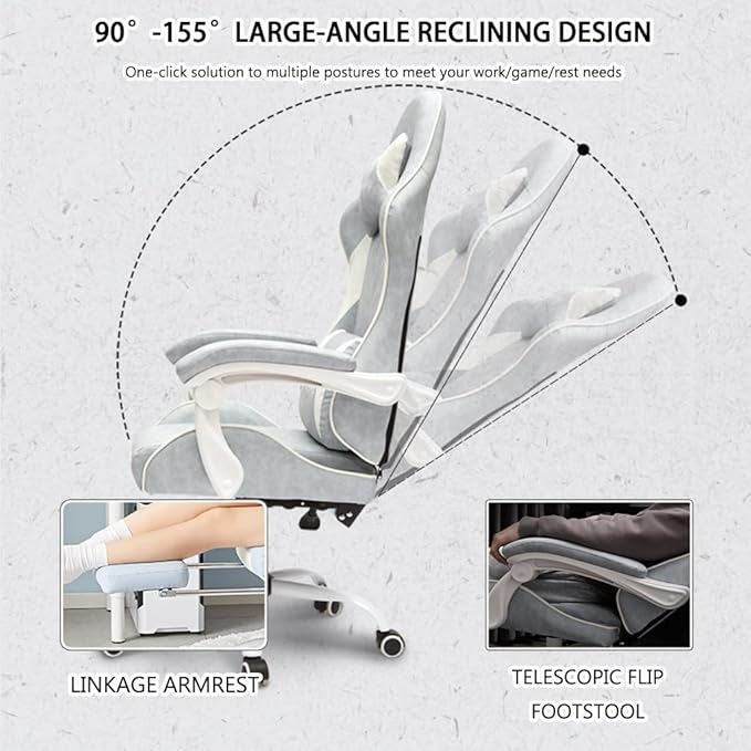 Gaming Chair with Footrest Ergonomic 5D Embracing Gamer Chair Comfortable and Soft Reclining Racing Chair Load Bearing 150kg/330.7lbs (Grey White)